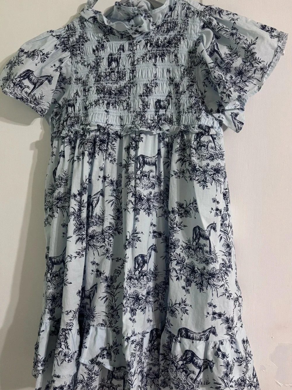 Janie & Jack Light Blue Toile Printed Smocked Kids Dress Horses size 6